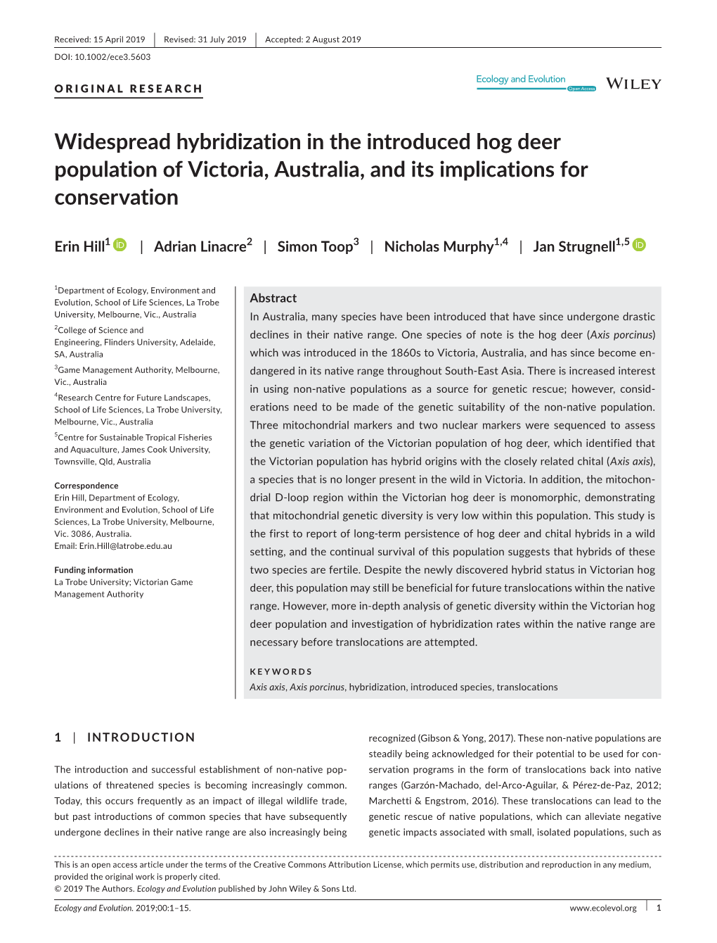 Widespread Hybridization in the Introduced Hog Deer Population of Victoria, Australia, and Its Implications for Conservation