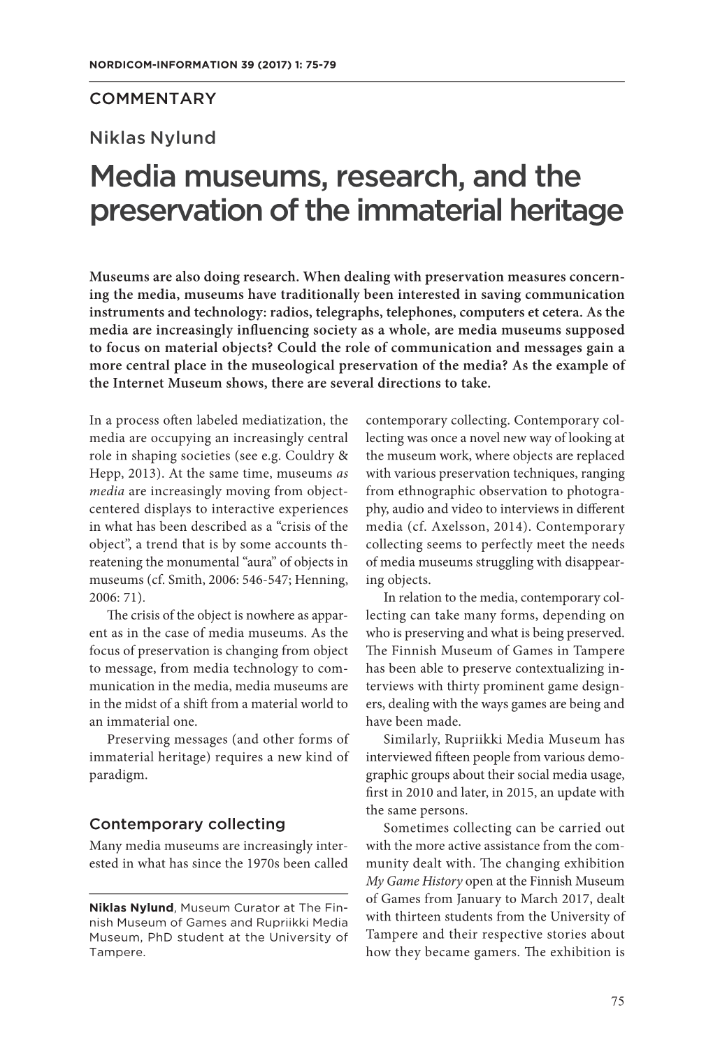 Media Museums, Research, and the Preservation of the Immaterial Heritage