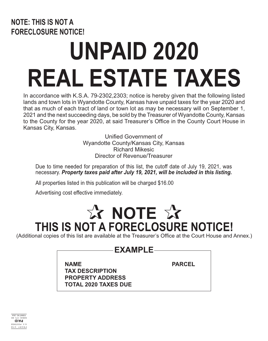 NOTE: THIS IS NOT a FORECLOSURE NOTICE! UNPAID 2020 REAL ESTATE TAXES in Accordance with K.S.A