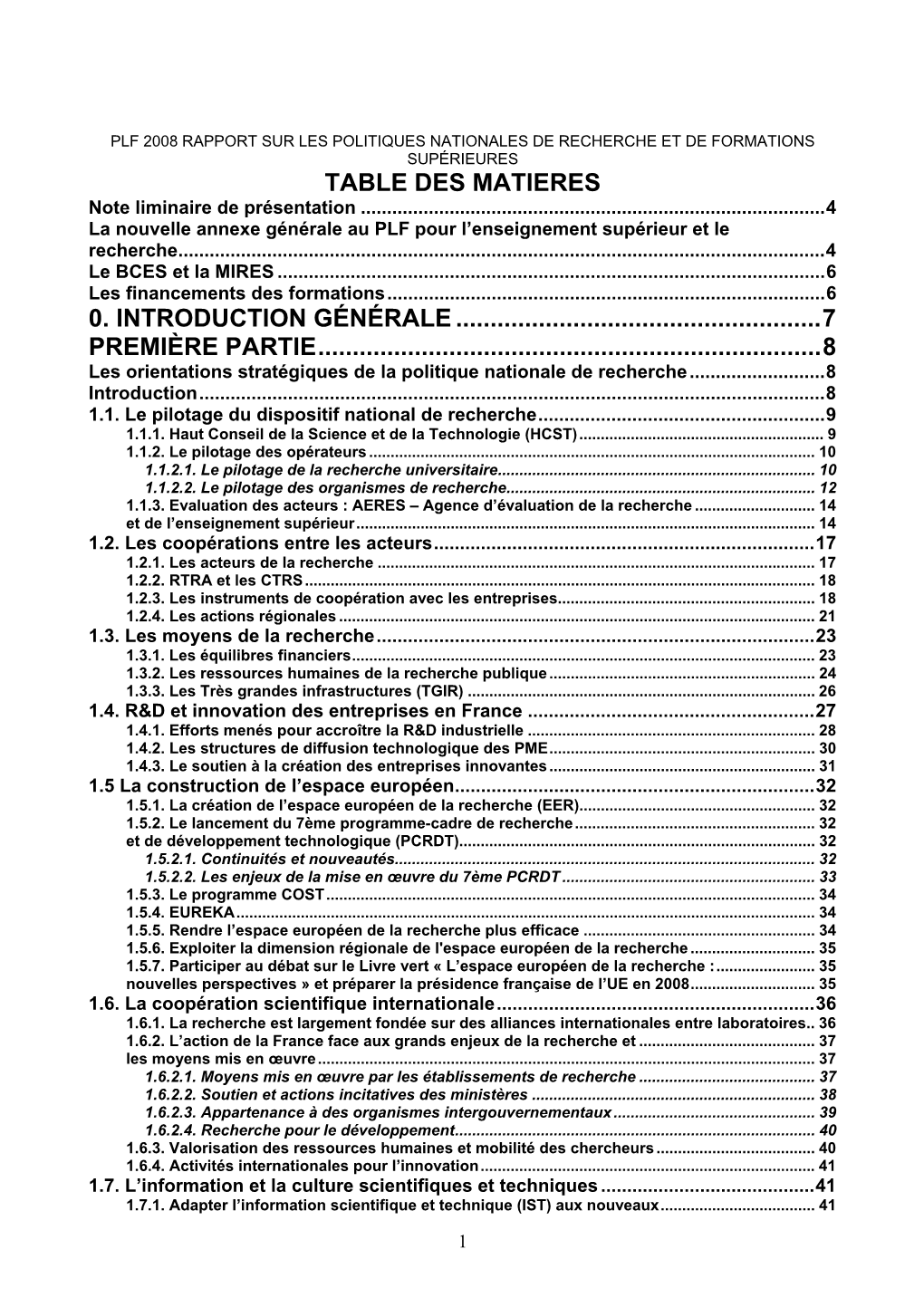 RAPPORT SUR LES POLITIQUES NATIONALES DE RECHERCHE ET DE FORMATIONS SUPÉRIEURES TABLE DES MATIERES Note Liminaire De Présentation