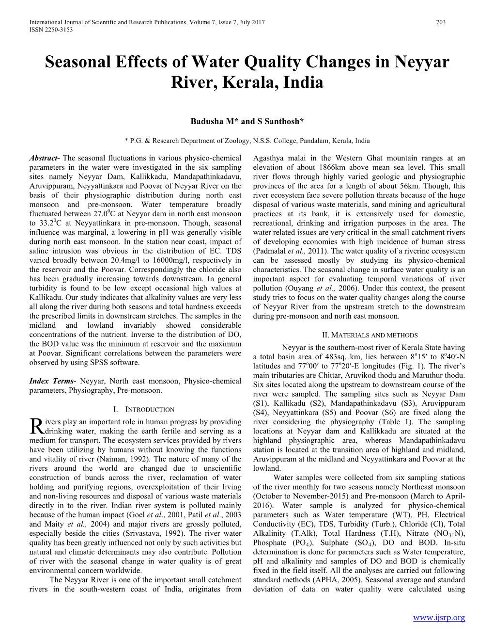 Seasonal Effects of Water Quality Changes in Neyyar River, Kerala, India