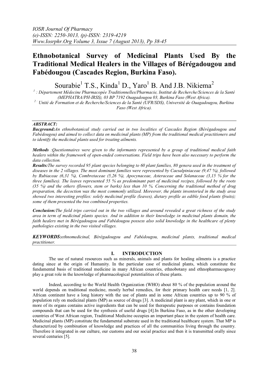 Ethnobotanical Survey of Medicinal Plants Used by the Traditional Medical Healers in the Villages of Bérégadougou and Fabédougou (Cascades Region, Burkina Faso)