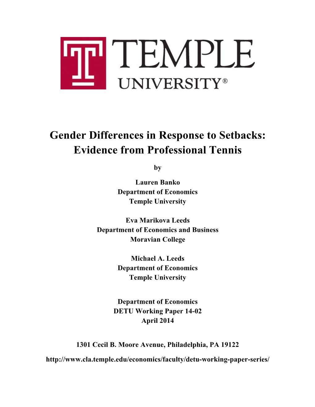 Gender Differences in Response to Setbacks: Evidence from Professional Tennis