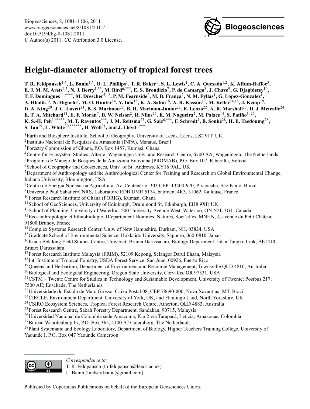 Height-Diameter Allometry of Tropical Forest Trees
