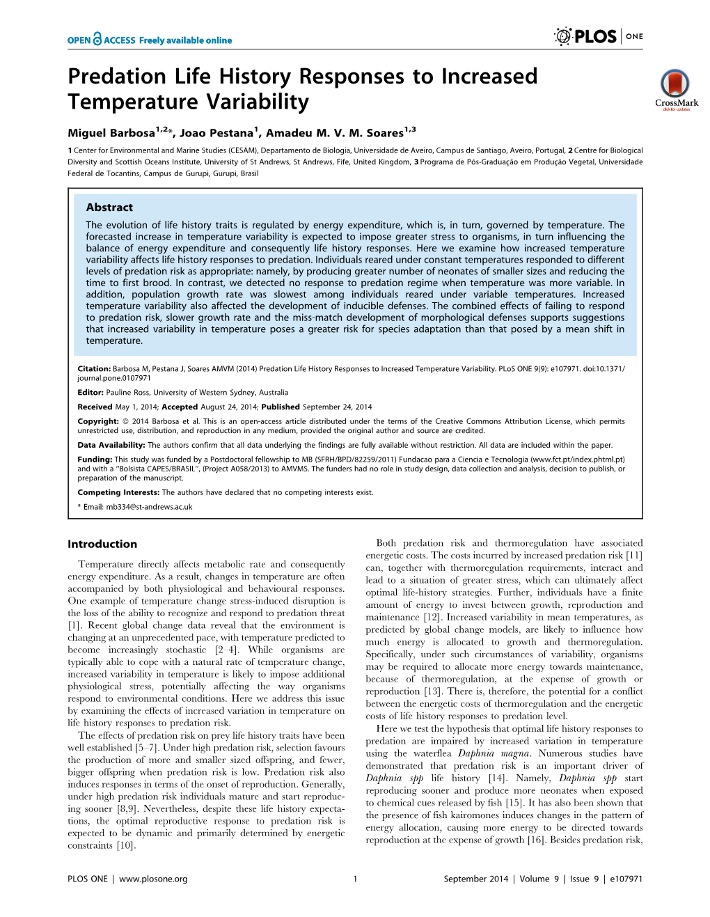 Predation Life History Responses to Increased Temperature Variability