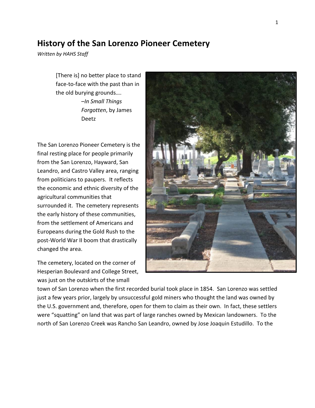 History of the San Lorenzo Pioneer Cemetery Written by HAHS Staff