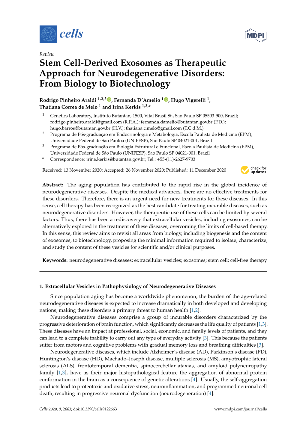 Stem Cell-Derived Exosomes As Therapeutic Approach for Neurodegenerative Disorders: from Biology to Biotechnology