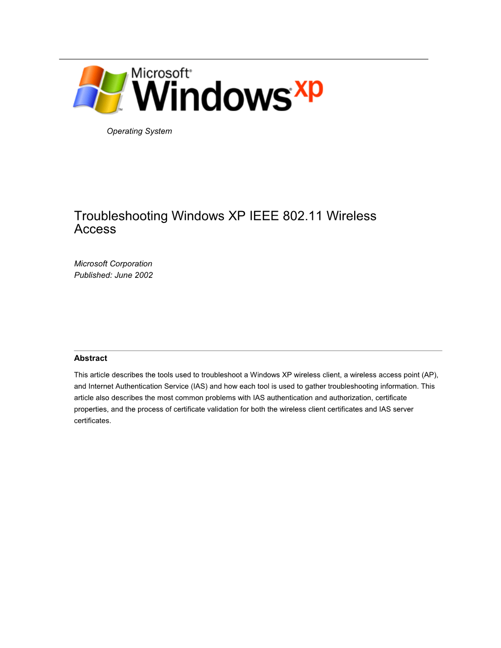 Troubleshooting Windows XP IEEE 802.11 Wireless Access