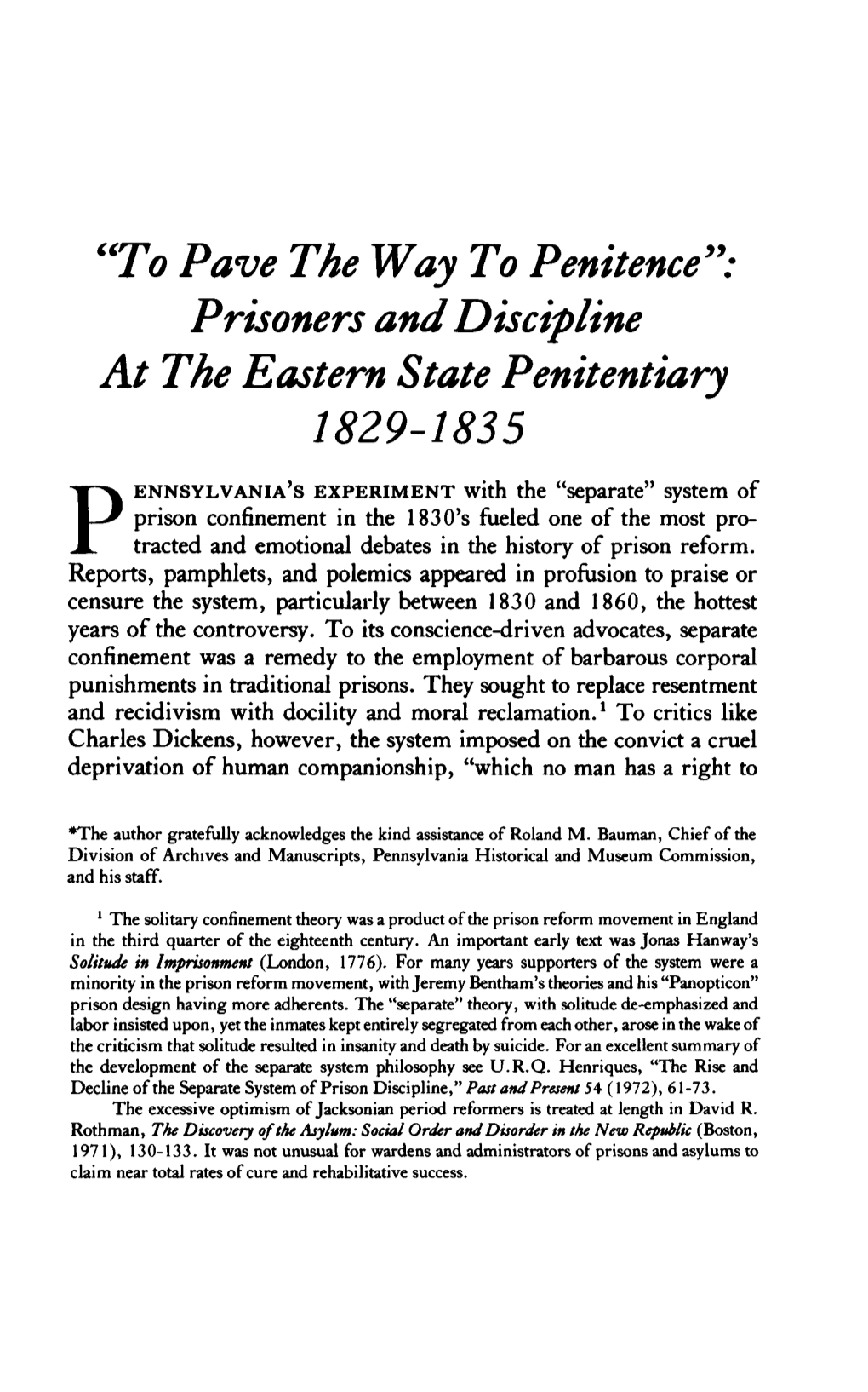 Prisoners and Discipline at the Eastern State Penitentiary 1829-1835