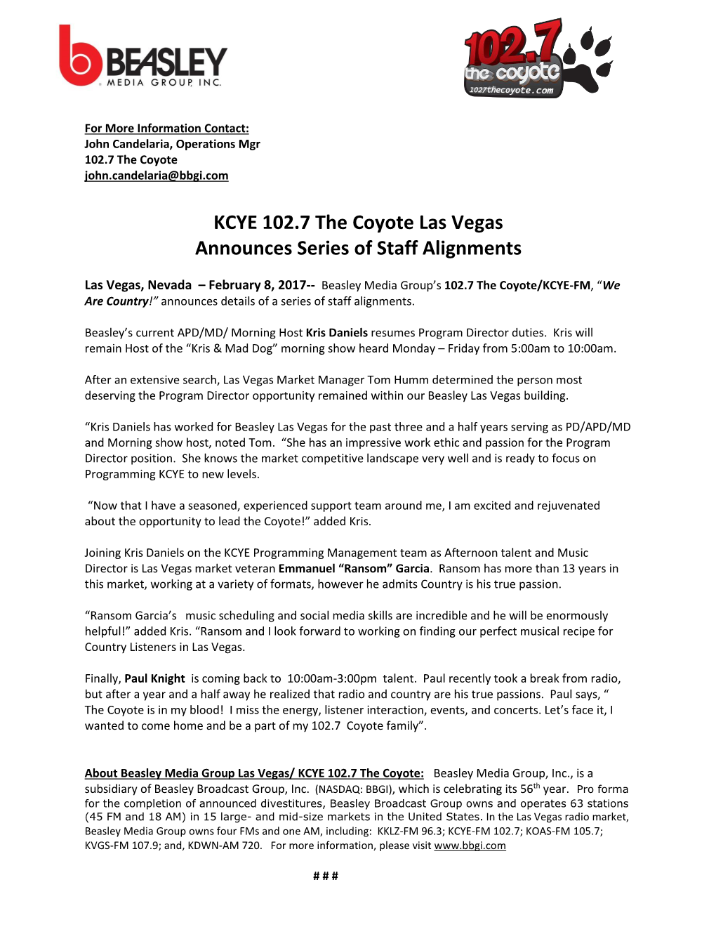 KCYE 102.7 the Coyote Las Vegas Announces Series of Staff Alignments