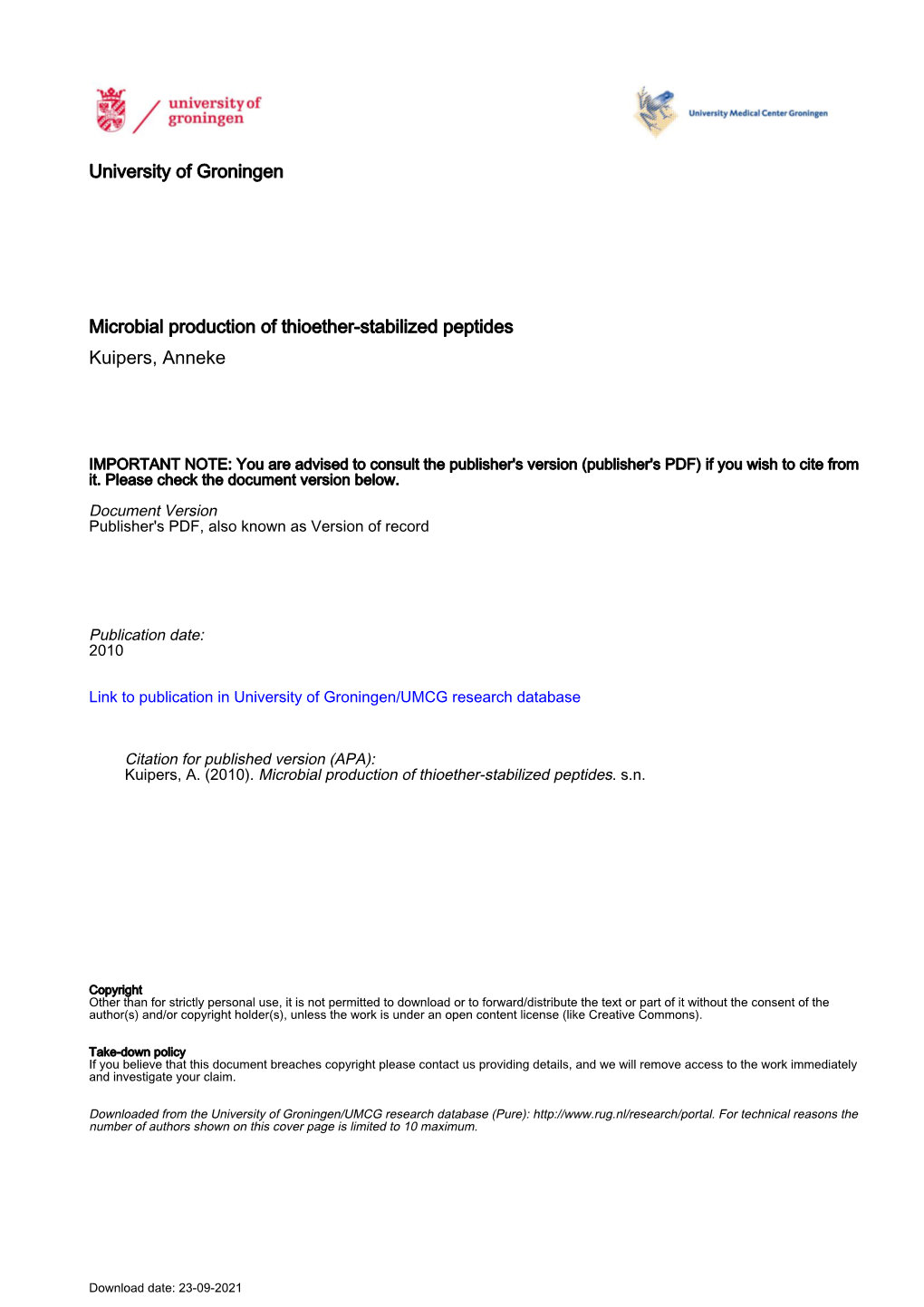 University of Groningen Microbial Production of Thioether-Stabilized