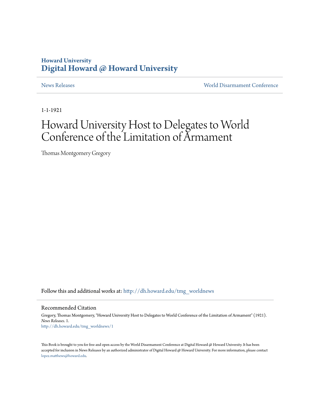 Howard University Host to Delegates to World Conference of the Limitation of Armament Thomas Montgomery Gregory