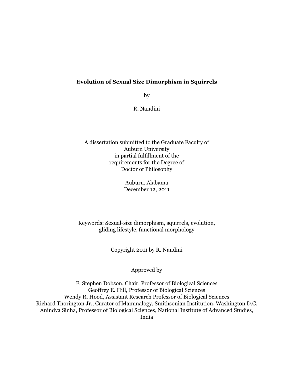 Evolution of Sexual Size Dimorphism in Squirrels by R. Nandini A