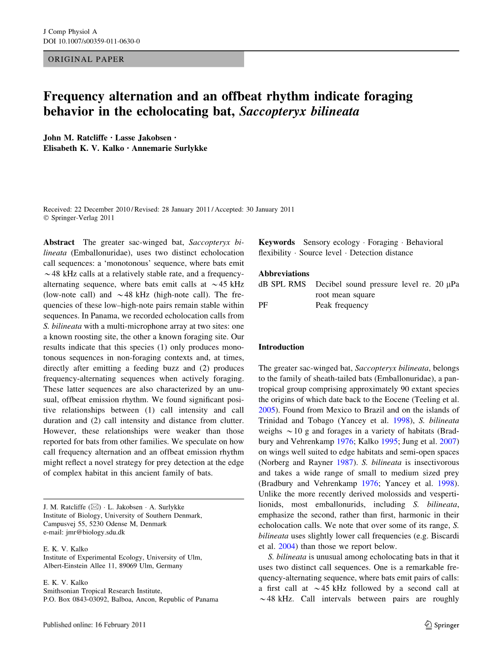 Frequency Alternation and an Offbeat Rhythm Indicate Foraging Behavior in the Echolocating Bat, Saccopteryx Bilineata