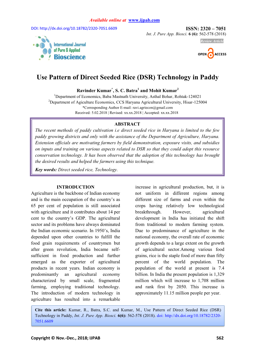 Use Pattern of Direct Seeded Rice (DSR) Technology in Paddy