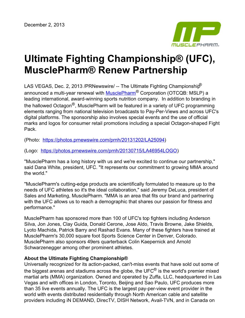 Ultimate Fighting Championship® (UFC), Musclepharm® Renew Partnership