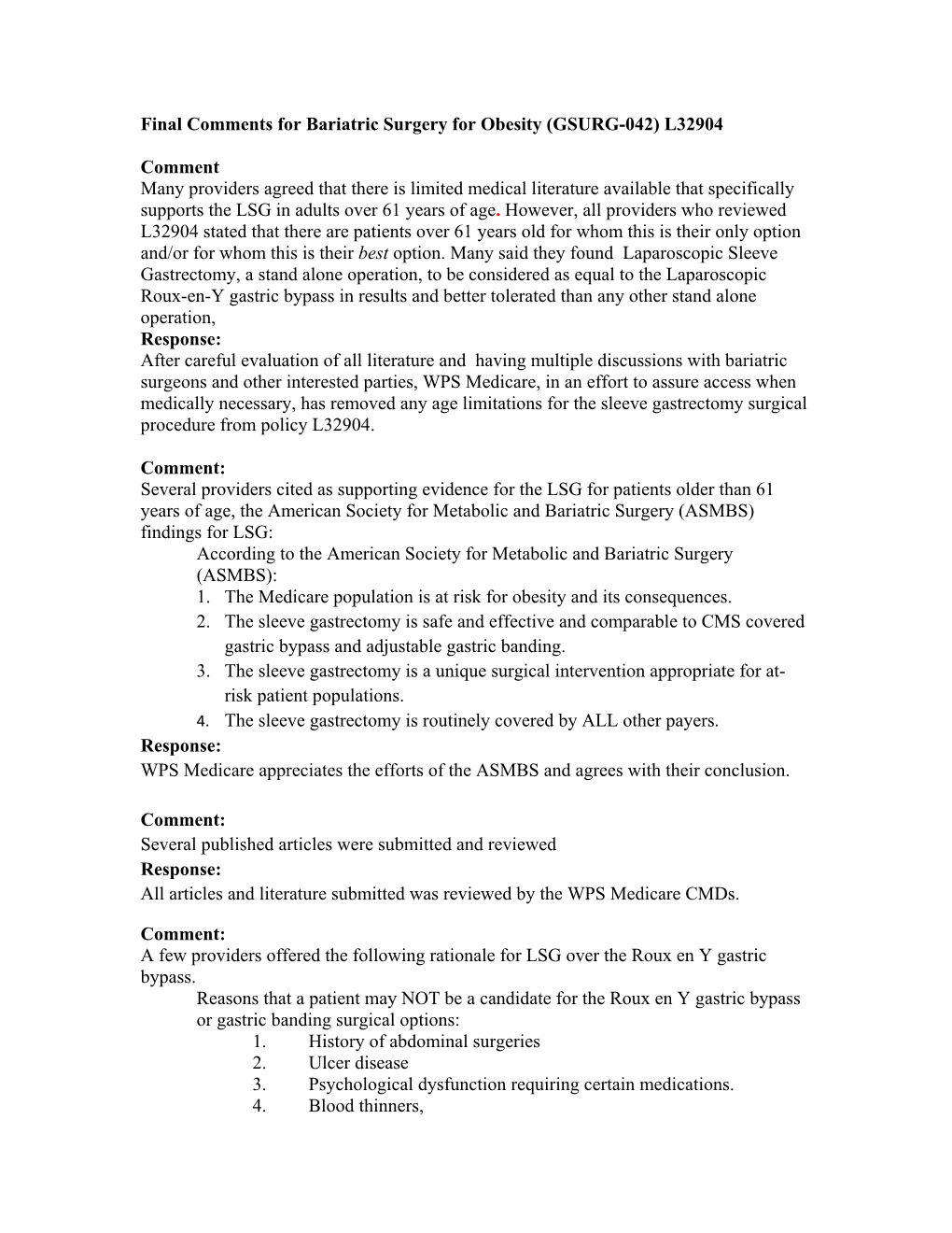 Final Comments for Bariatric Surgery for Obesity (GSURG-042) L32904