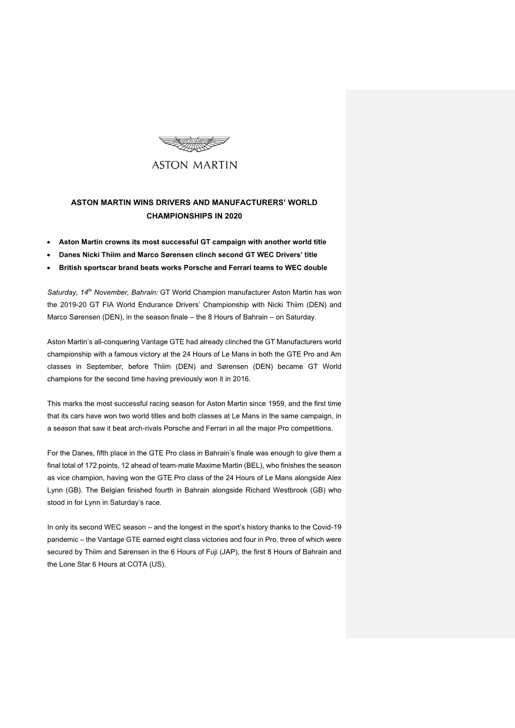 Aston Martin Wins Drivers and Manufacturers' World Championships in 2020