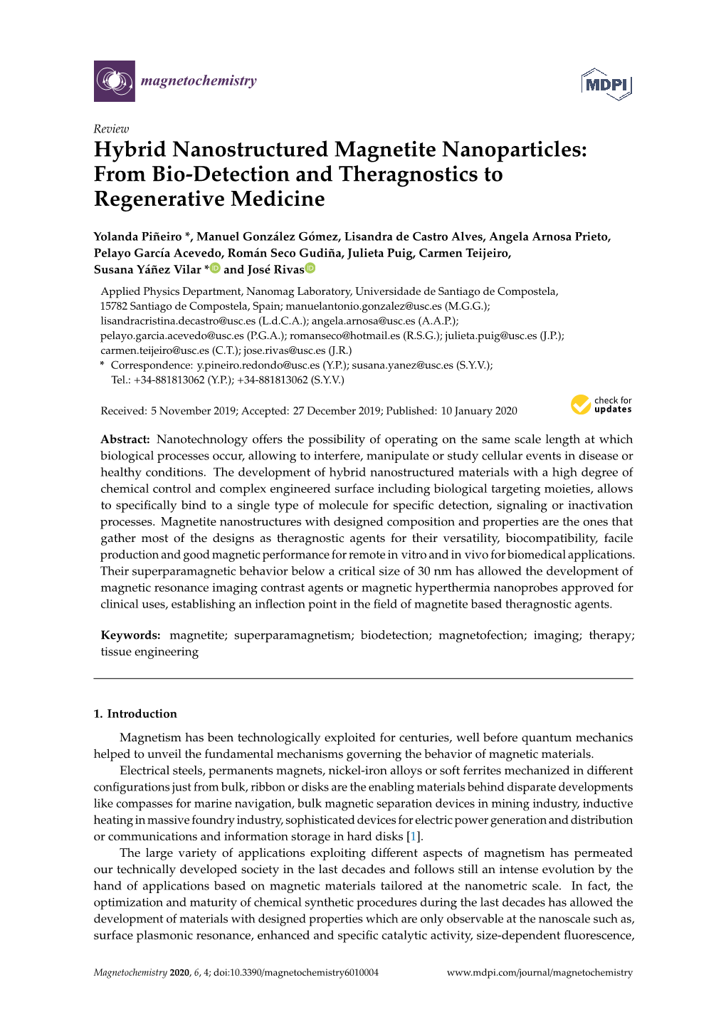 Hybrid Nanostructured Magnetite Nanoparticles: from Bio-Detection and Theragnostics to Regenerative Medicine