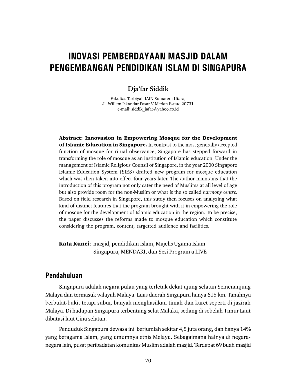 Inovasi Pemberdayaan Masjid Dalam Pengembangan Pendidikan Islam Di Singapura