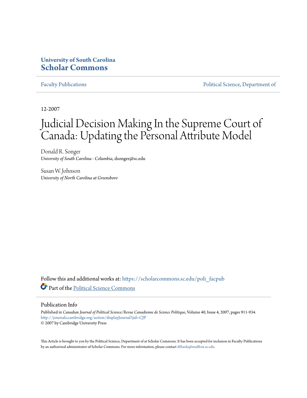 Judicial Decision Making in the Supreme Court of Canada: Updating the Personal Attribute Model Donald R