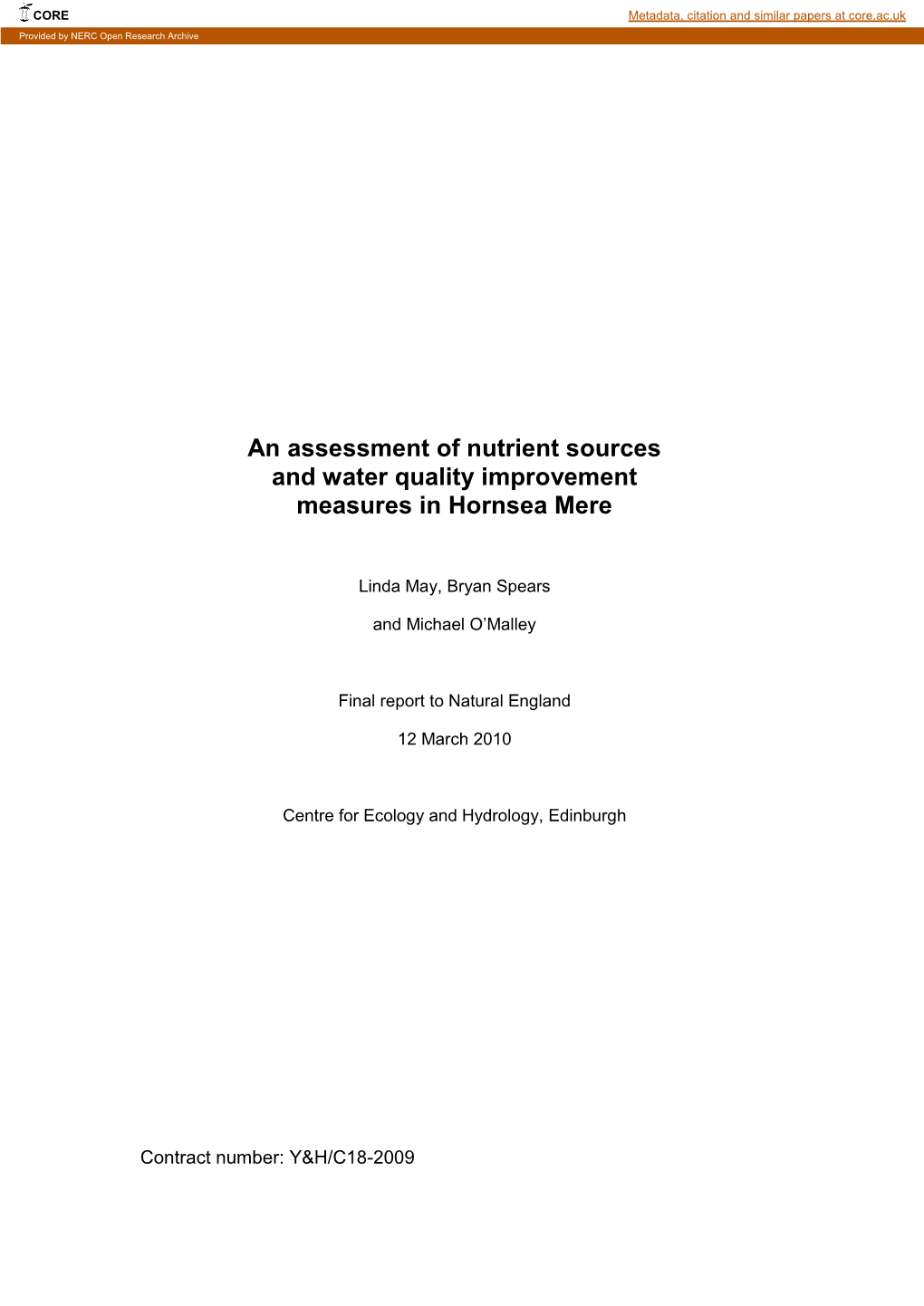 An Assessment of Nutrient Sources and Water Quality Improvement Measures in Hornsea Mere