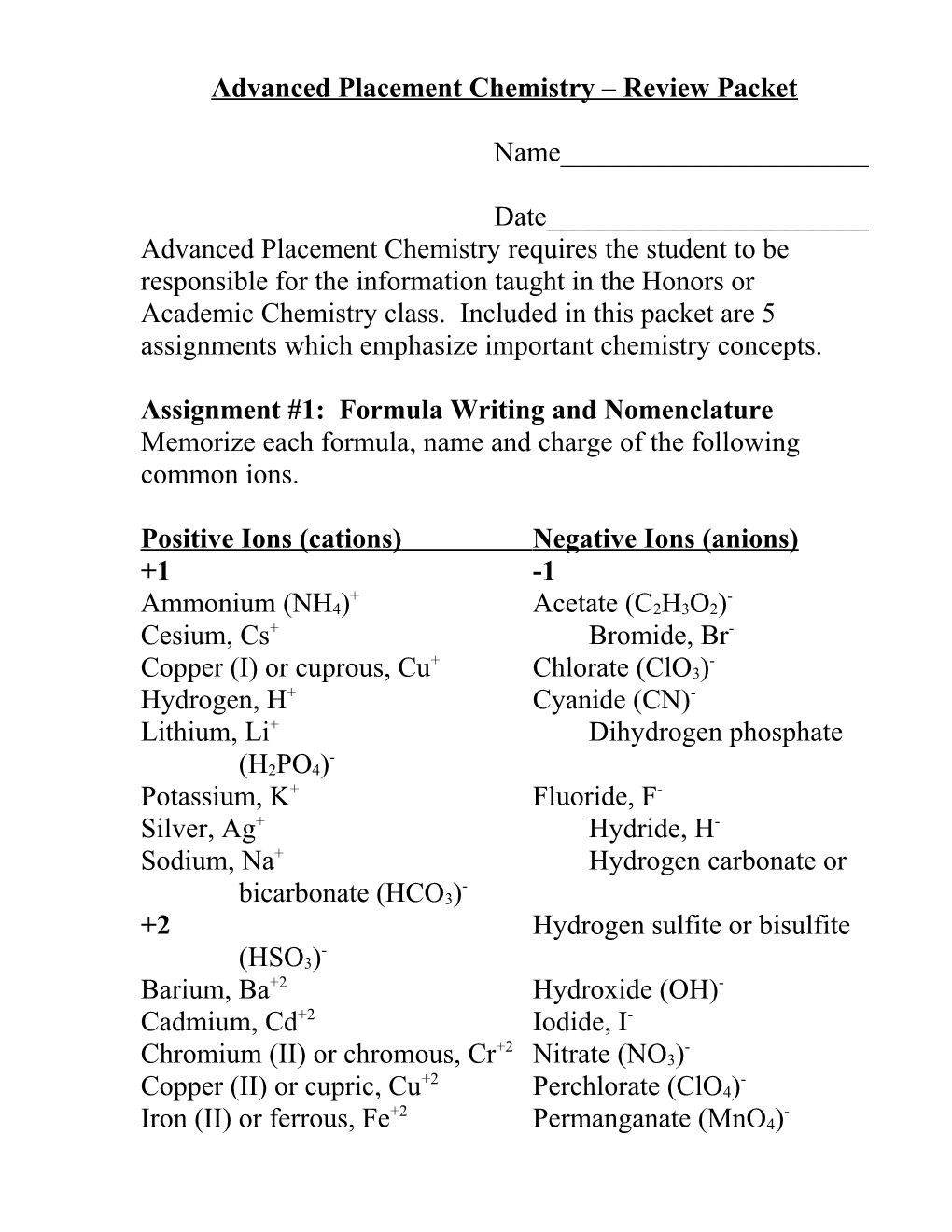 Advanced Placement Chemistry Application