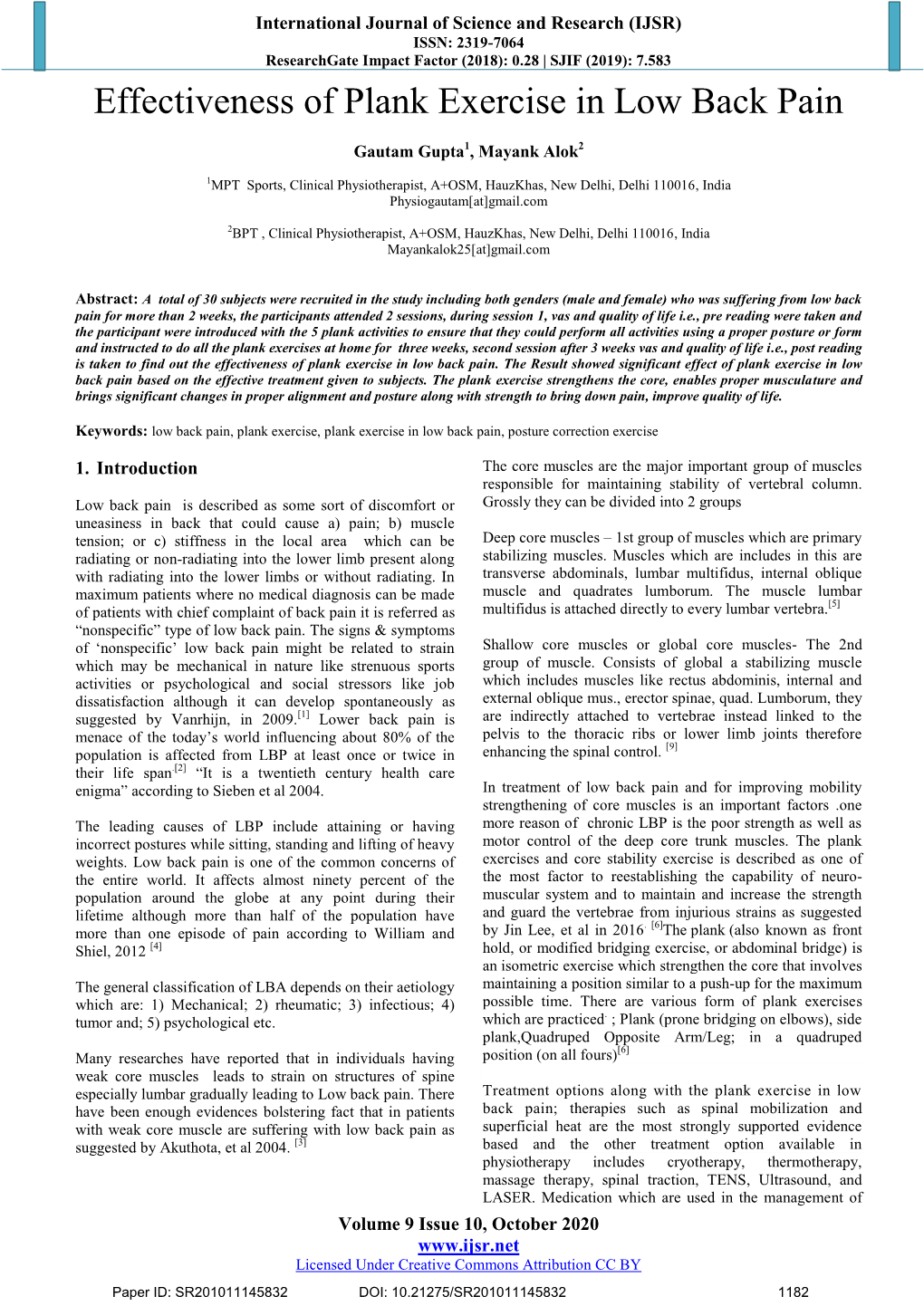 Effectiveness of Plank Exercise in Low Back Pain