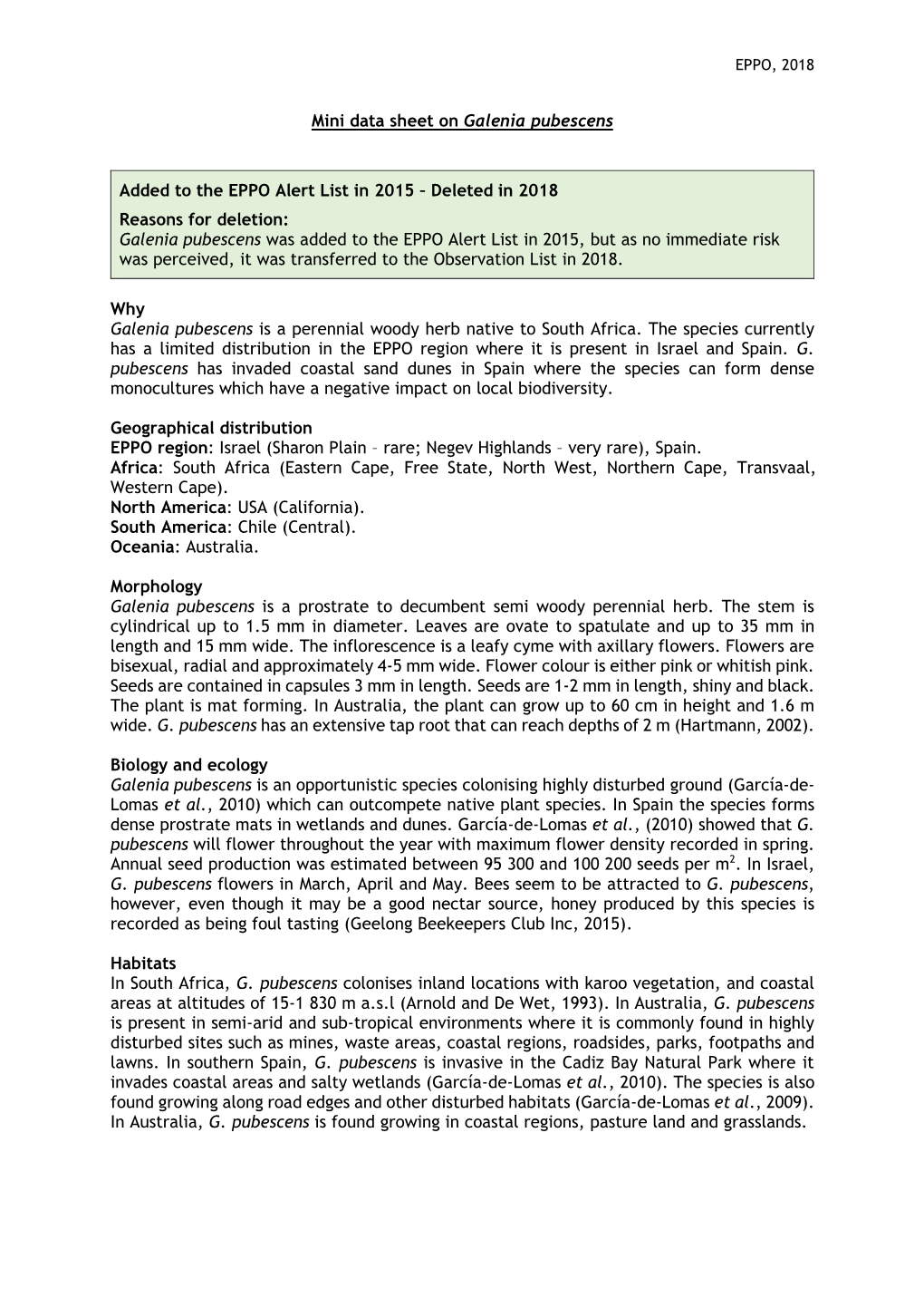 Mini Data Sheet on Galenia Pubescens Added to the EPPO Alert List In