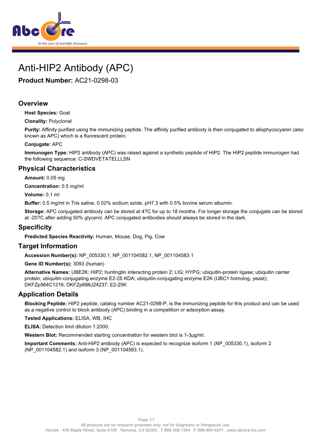 Anti-HIP2 Antibody (APC) Product Number: AC21-0298-03