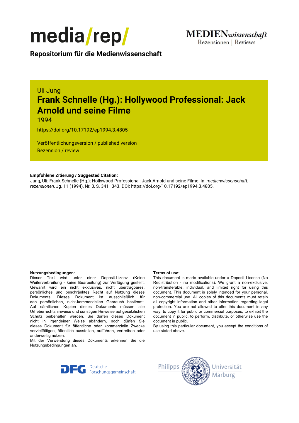Frank Schnelle (Hg.): Hollywood Professional: Jack Arnold Und Seine Filme 1994