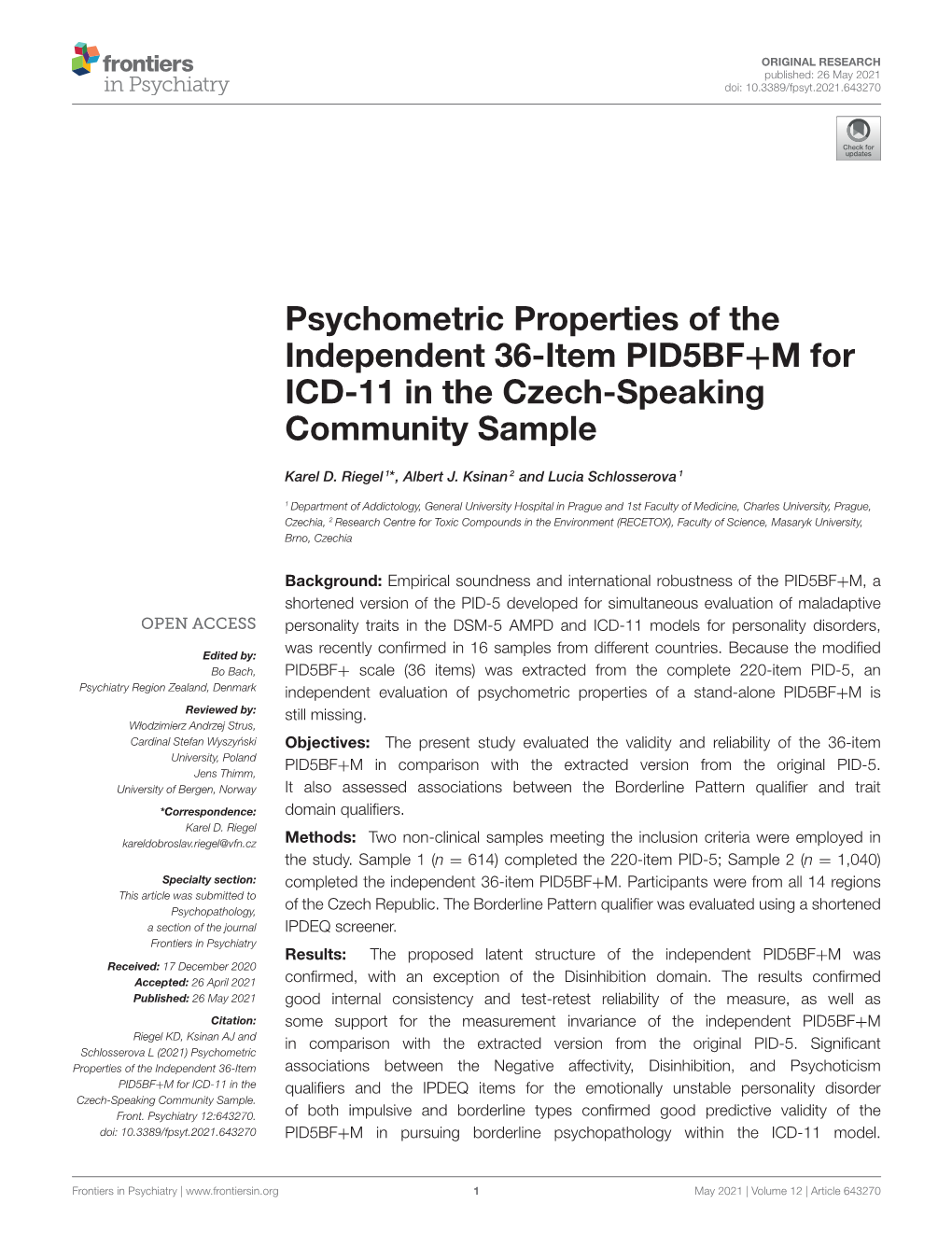 Psychometric Properties of the Independent 36-Item PID5BF+M for ICD-11 in the Czech-Speaking Community Sample