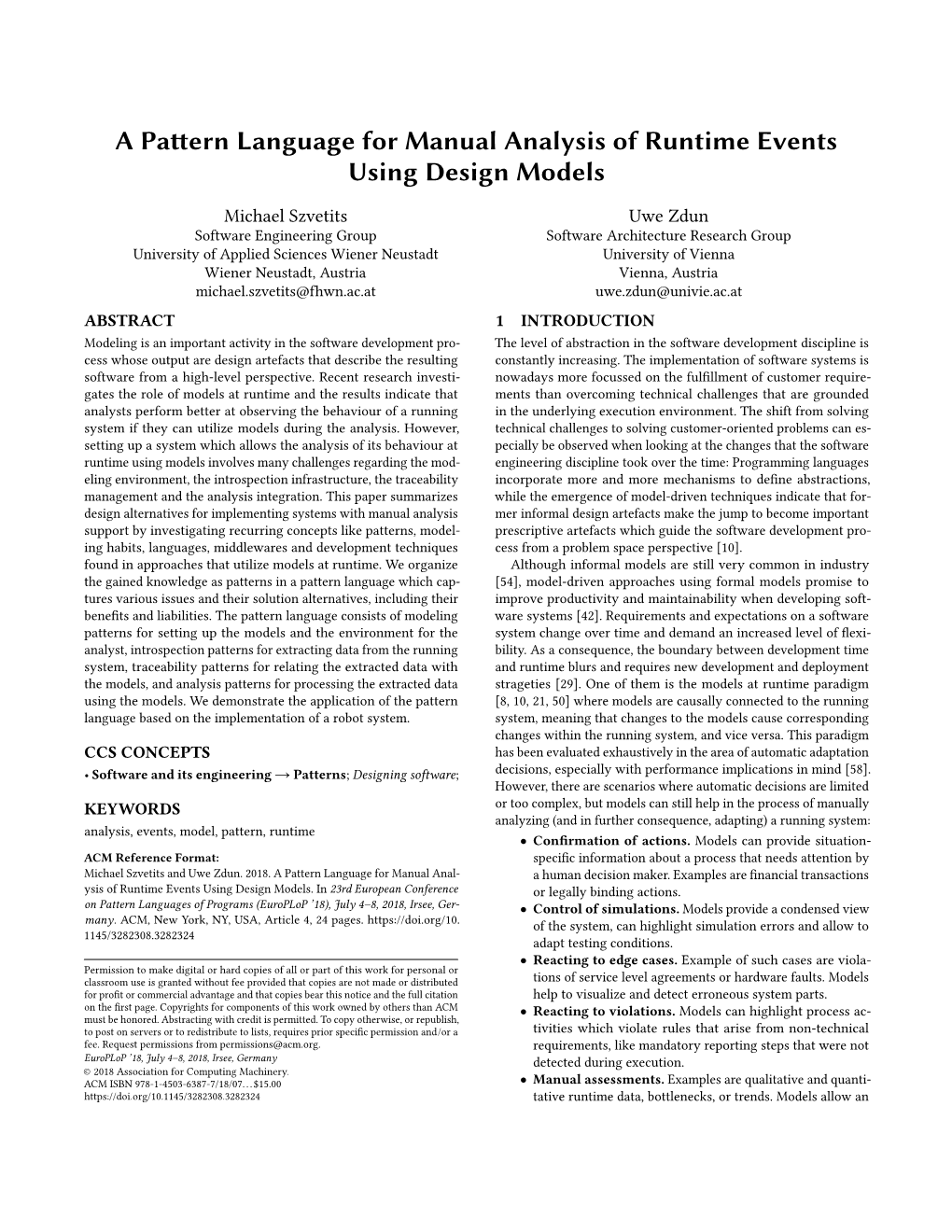 A Pattern Language for Manual Analysis of Runtime Events Using Design Models