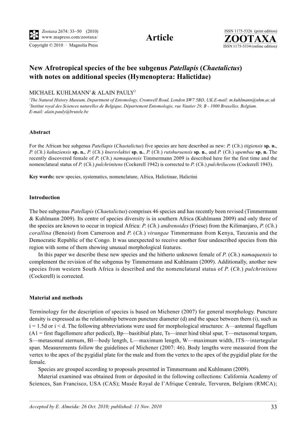 New Afrotropical Species of the Bee Subgenus Patellapis (Chaetalictus) with Notes on Additional Species (Hymenoptera: Halictidae)