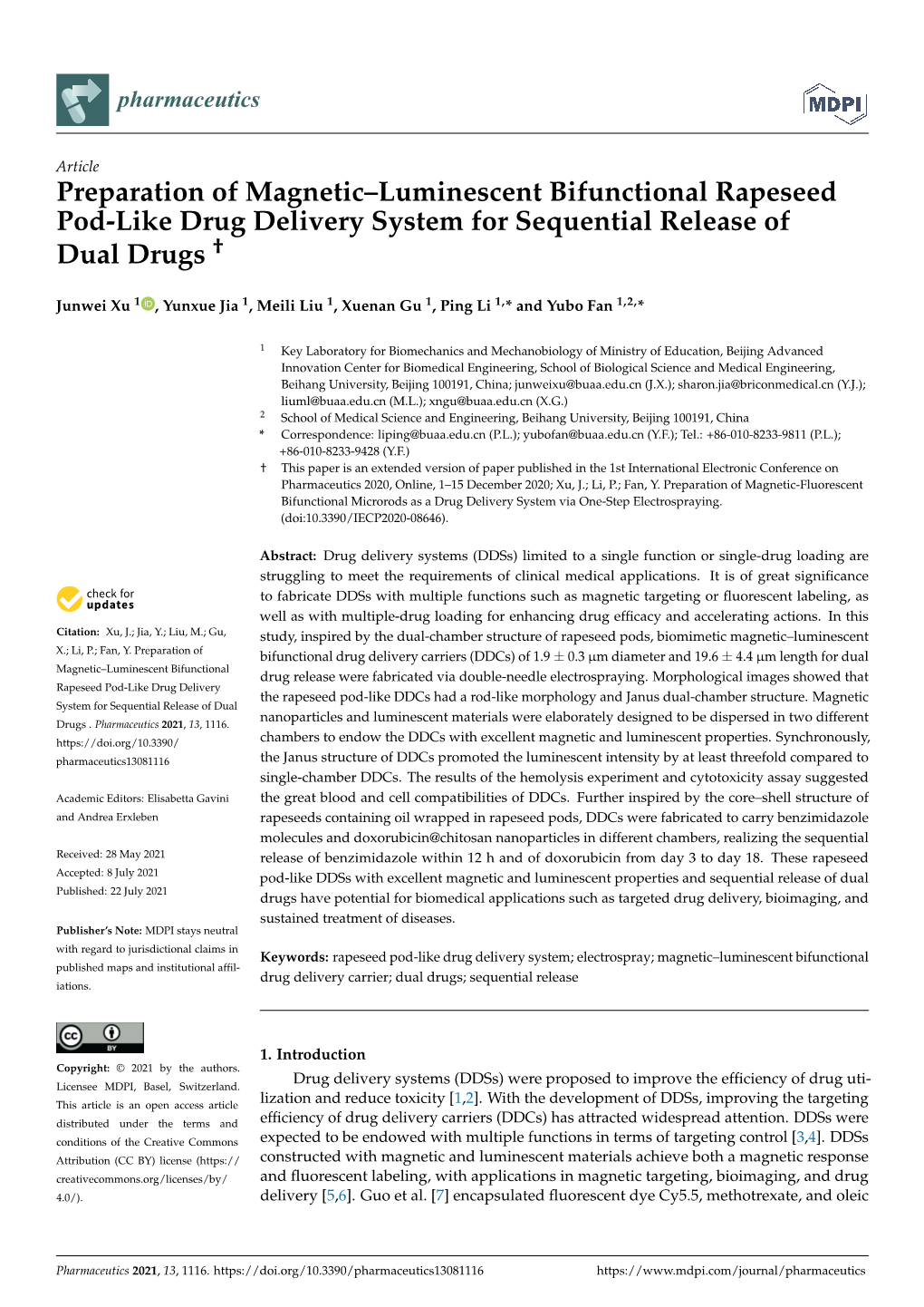 Preparation of Magnetic–Luminescent Bifunctional Rapeseed Pod-Like Drug Delivery System for Sequential Release of Dual Drugs †