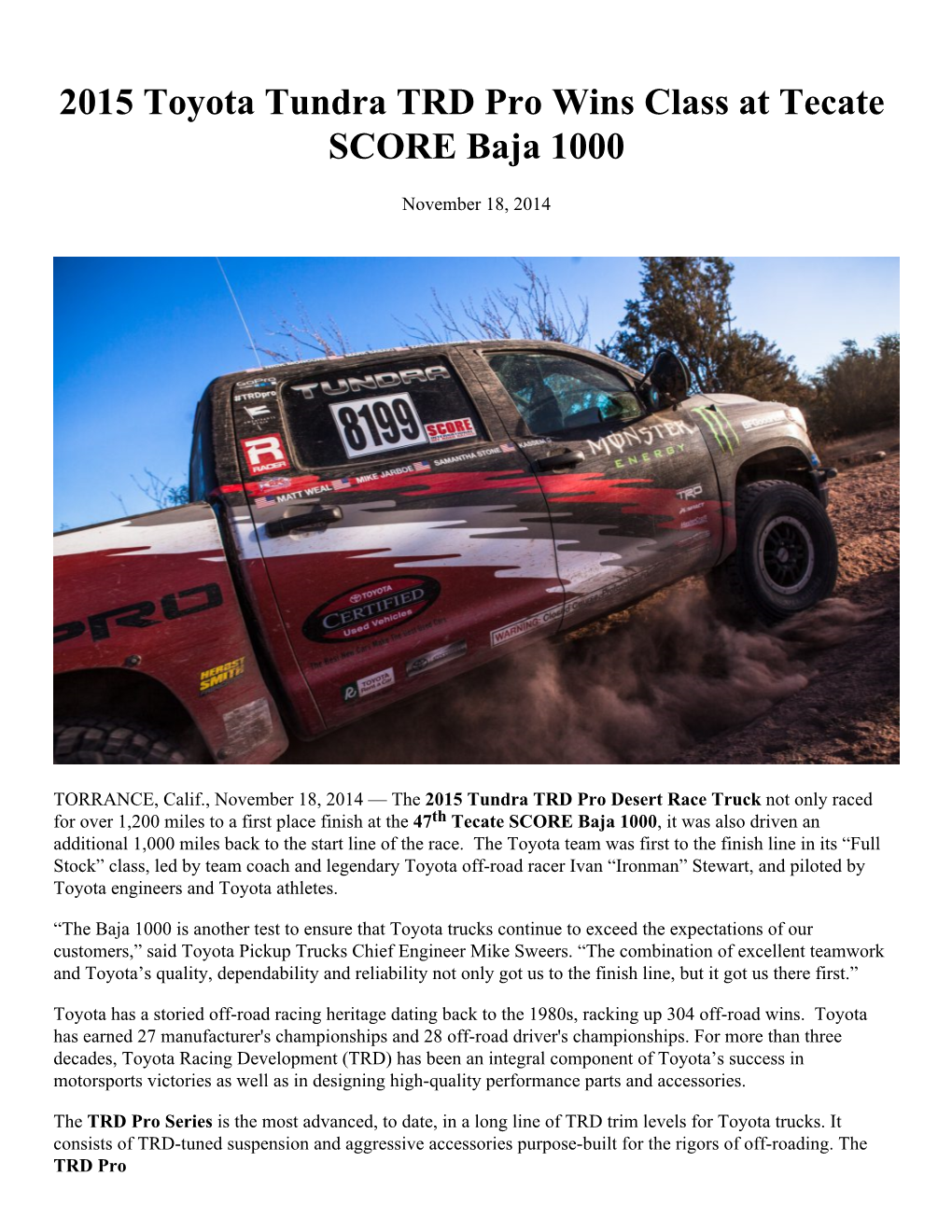 2015 Toyota Tundra TRD Pro Wins Class at Tecate SCORE Baja 1000