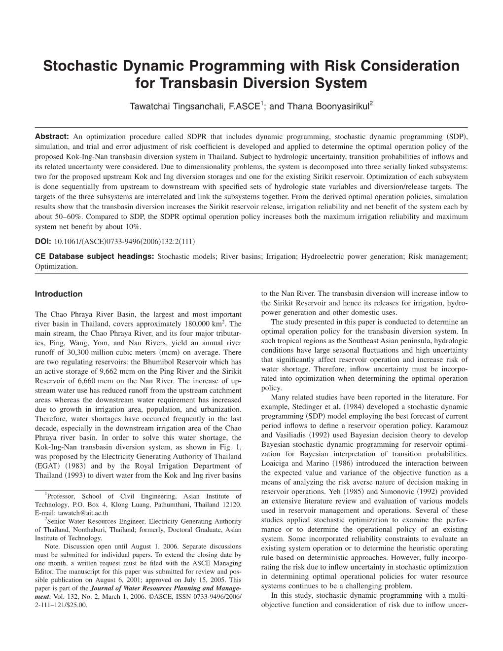 Stochastic Dynamic Programming with Risk Consideration for Transbasin Diversion System