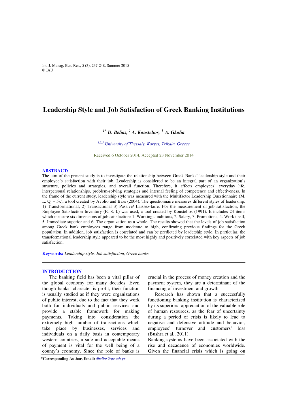 Leadership Style and Job Satisfaction of Greek Banking Institutions