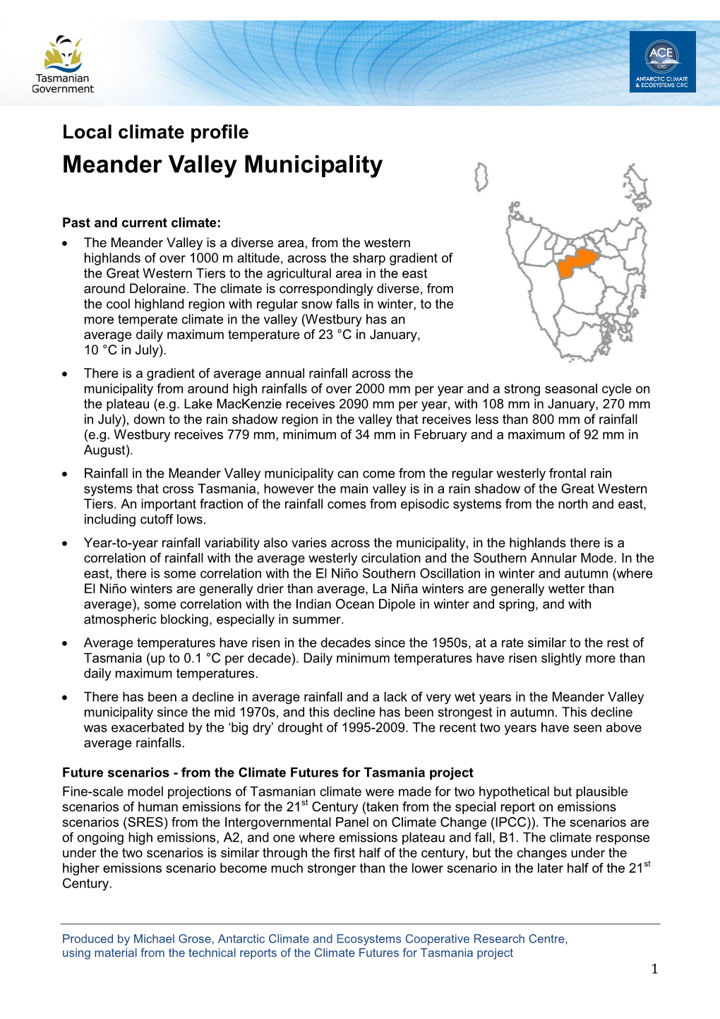 Local Climate Profile, Meander Valley Municipality