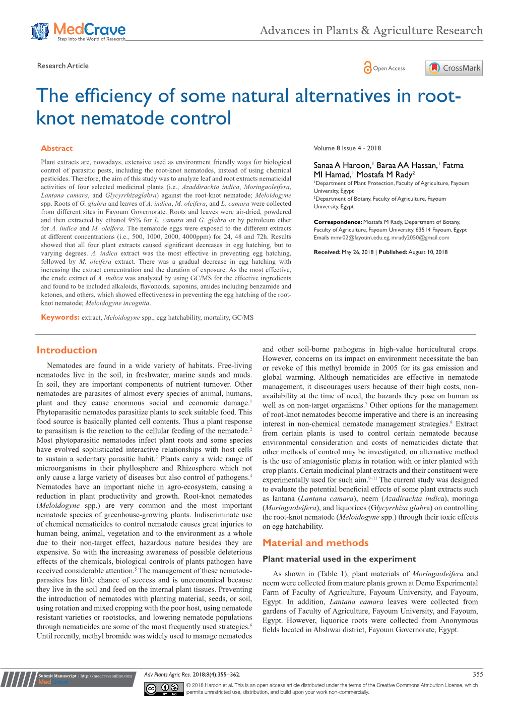 The Efficiency of Some Natural Alternatives in Root-Knot Nematode Control ©2018 Haroon Et Al