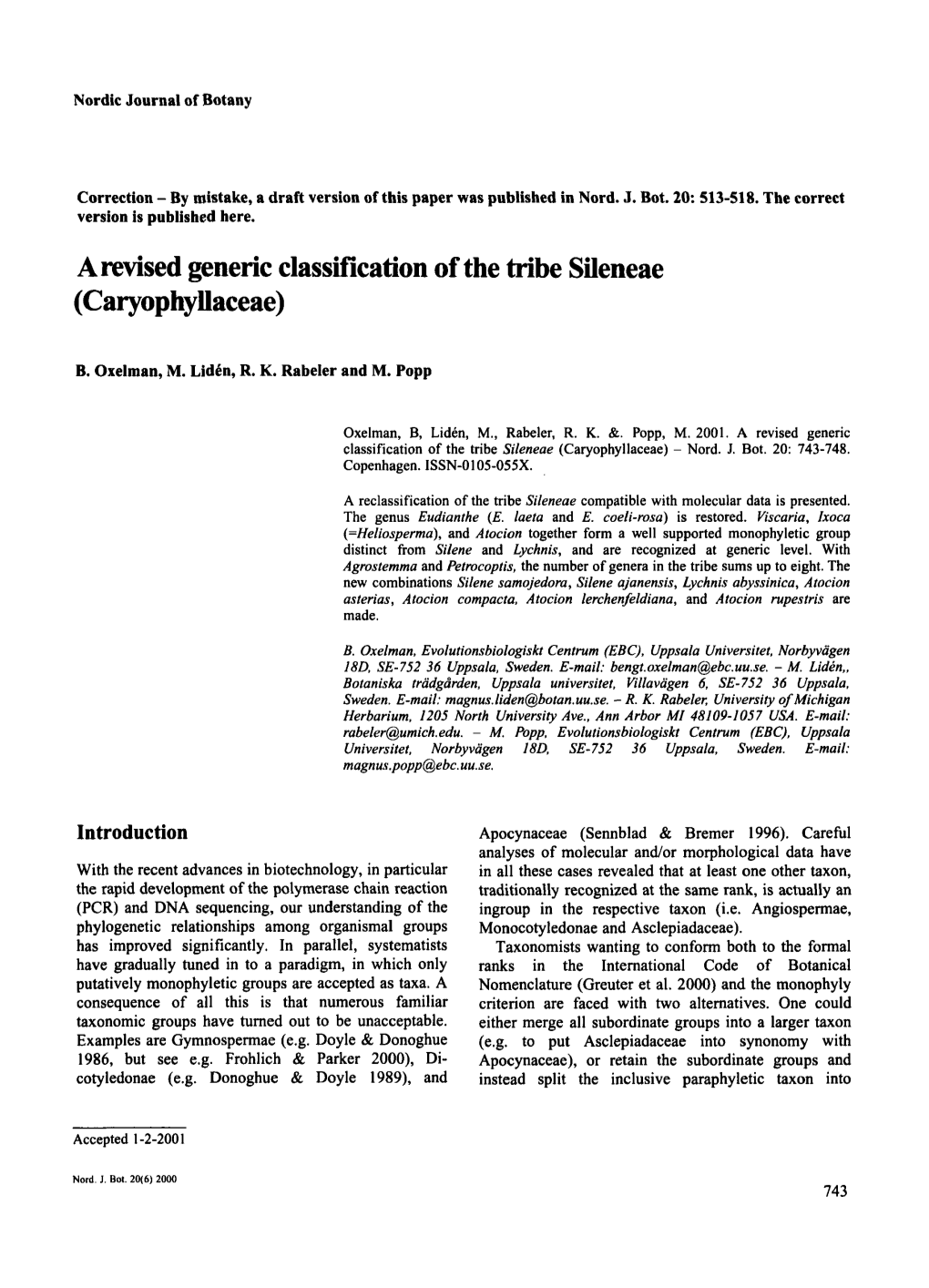 A Revised Generic Classification of the Tribe Sileneae (Caryophyllaceae) - Nord