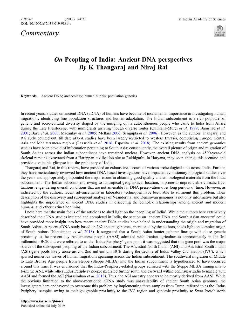 On Peopling of India: Ancient DNA Perspectives by K Thangaraj and Niraj Rai