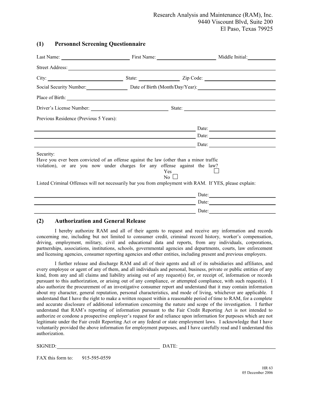 HR63 Personnel Screening Questionnaire