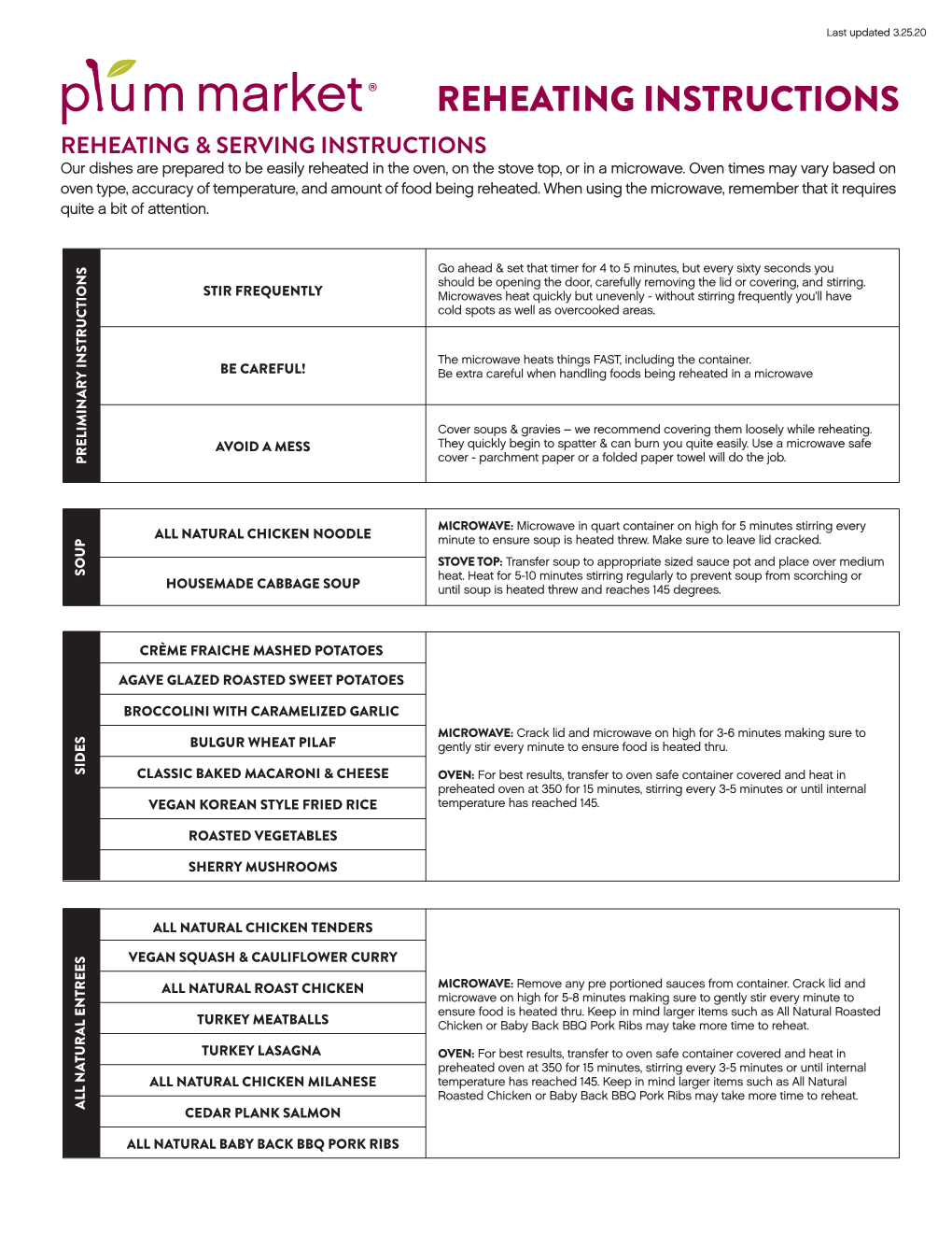 REHEATING INSTRUCTIONS REHEATING & SERVING INSTRUCTIONS Our Dishes Are Prepared to Be Easily Reheated in the Oven, on the Stove Top, Or in a Microwave