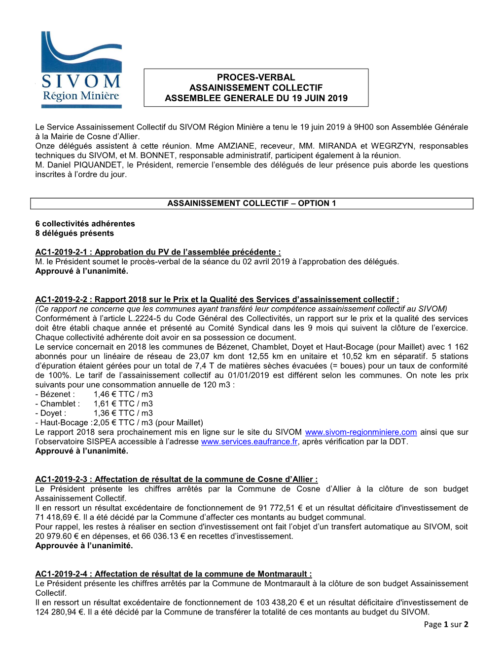 Service Assainissement Collectif Du SIVOM Région Minière a Tenu Le 19 Juin 2019 À 9H00 Son Assemblée Générale À La Mairie De Cosne D’Allier