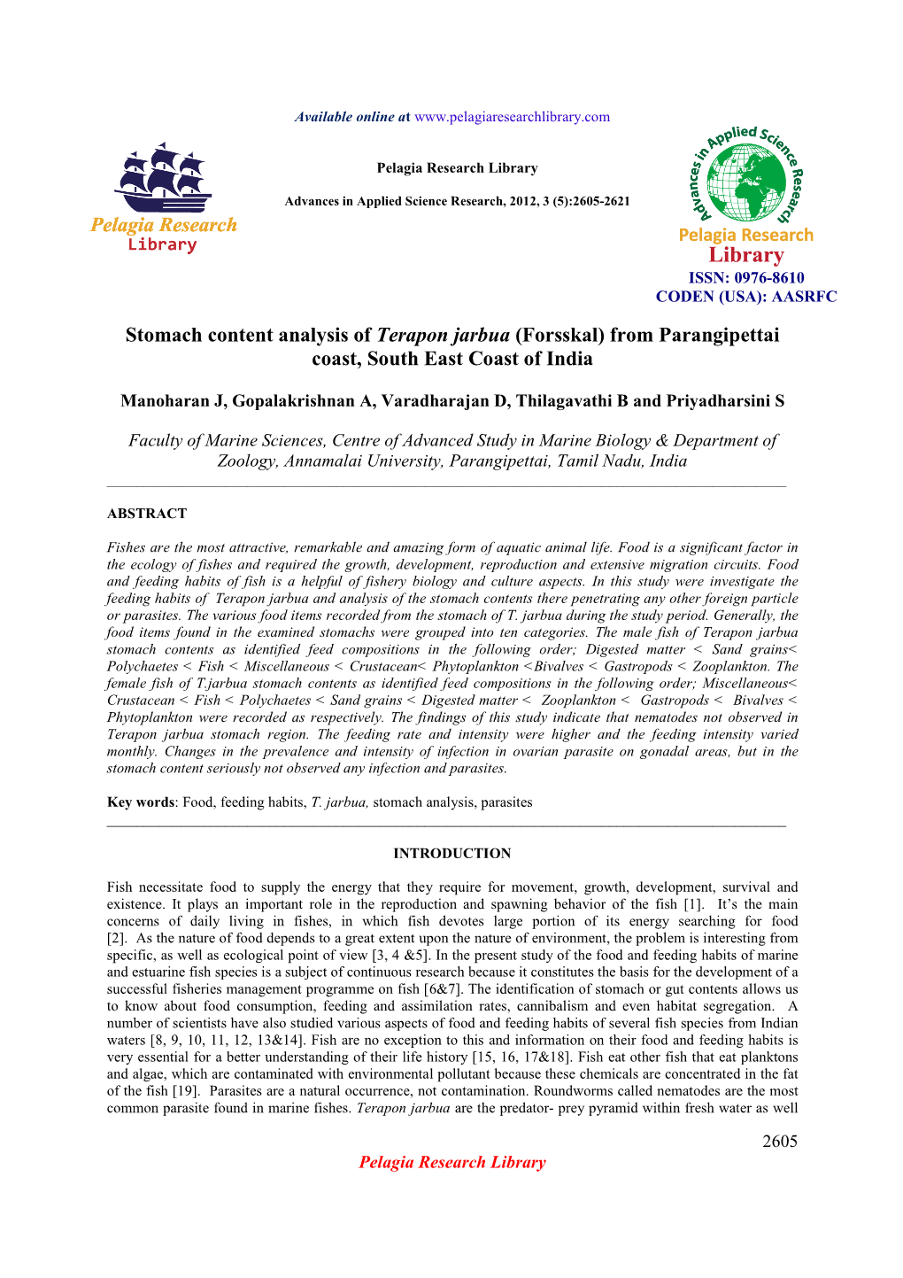 Stomach Content Analysis of Terapon Jarbua (Forsskal) from Parangipettai Coast, South East Coast of India