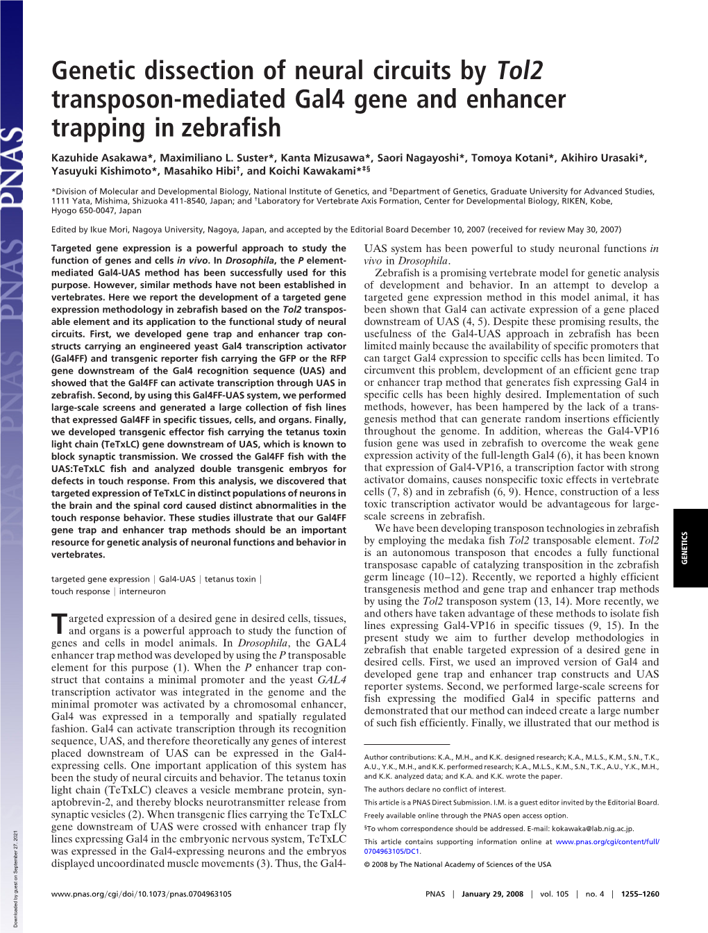 Genetic Dissection of Neural Circuits by Tol2 Transposon-Mediated Gal4 Gene and Enhancer Trapping in Zebrafish