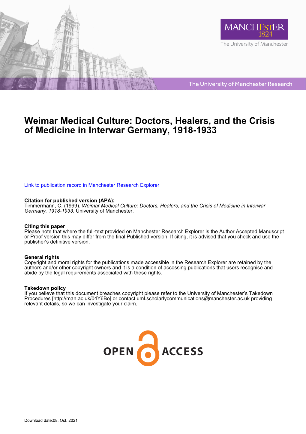 Weimar Medical Culture: Doctors, Healers, and the Crisis of Medicine in Interwar Germany, 1918-1933