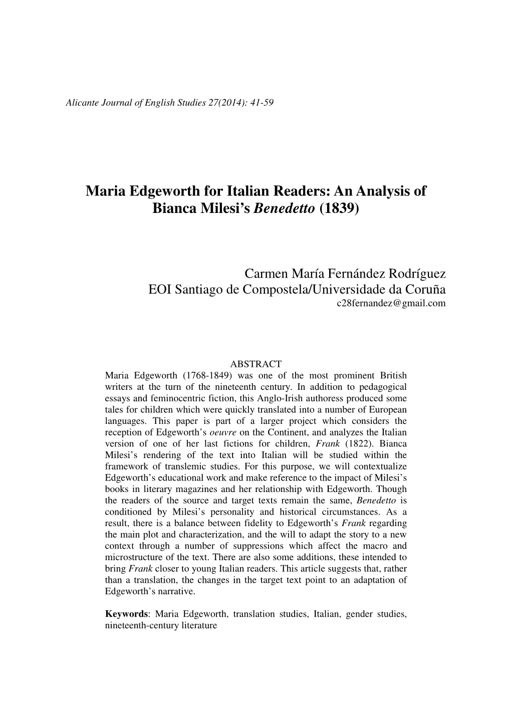 Maria Edgeworth for Italian Readers: an Analysis of Bianca Milesi's