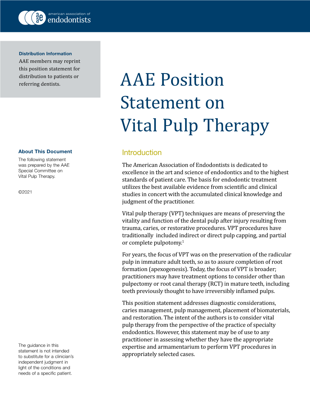 AAE Position Statement on Vital Pulp Therapy
